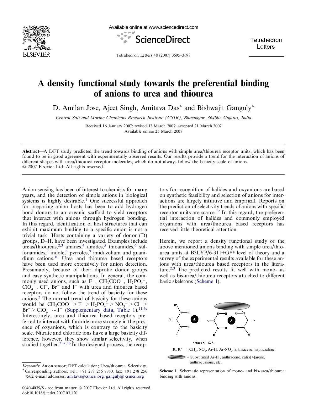 A density functional study towards the preferential binding of anions to urea and thiourea