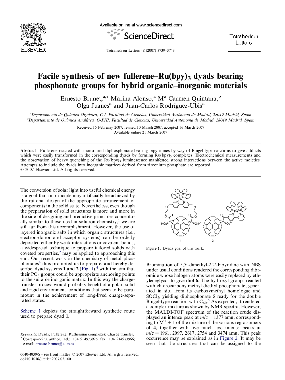 Facile synthesis of new fullerene-Ru(bpy)3 dyads bearing phosphonate groups for hybrid organic-inorganic materials