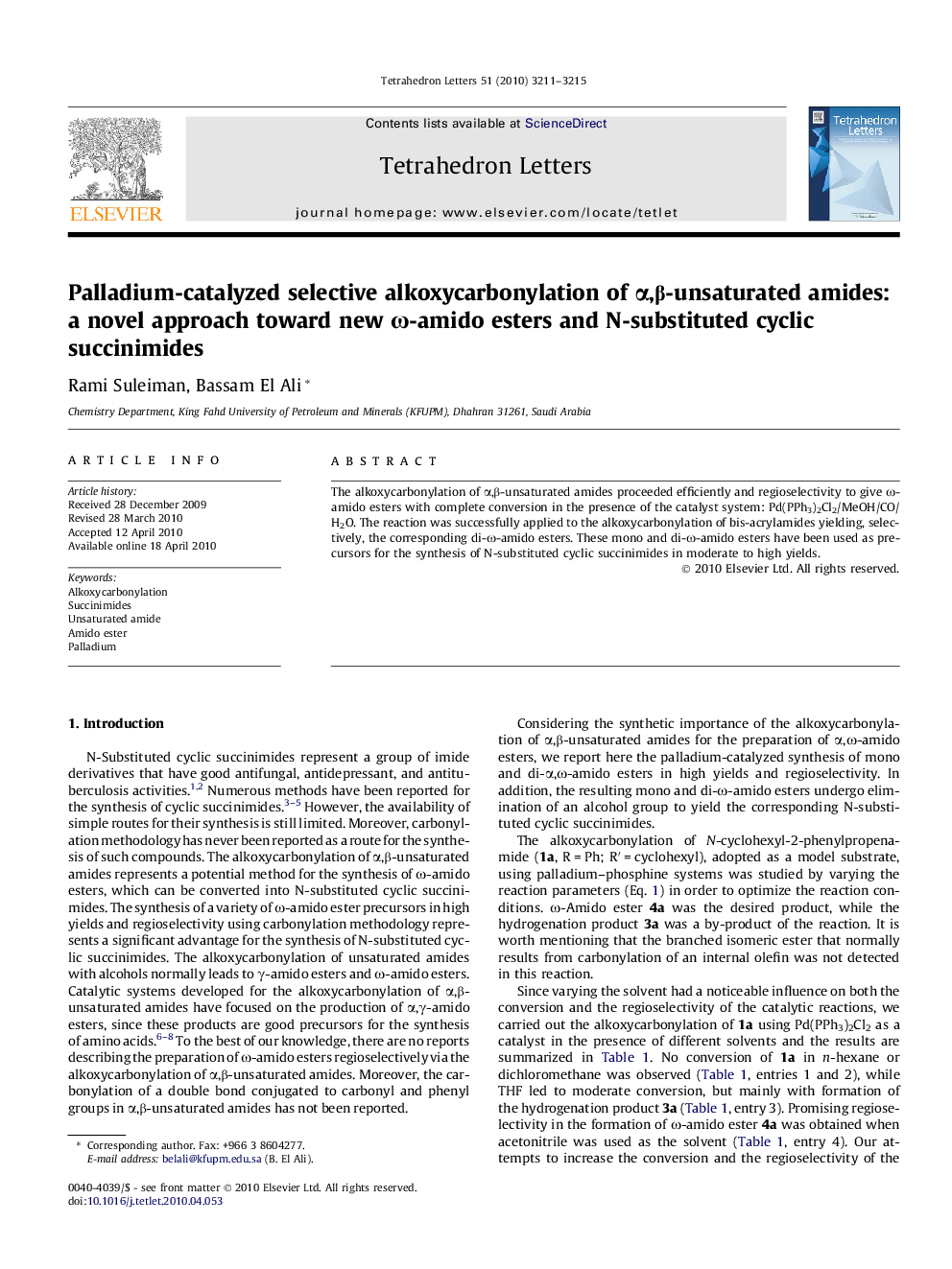 Palladium-catalyzed selective alkoxycarbonylation of Î±,Î²-unsaturated amides: a novel approach toward new Ï-amido esters and N-substituted cyclic succinimides