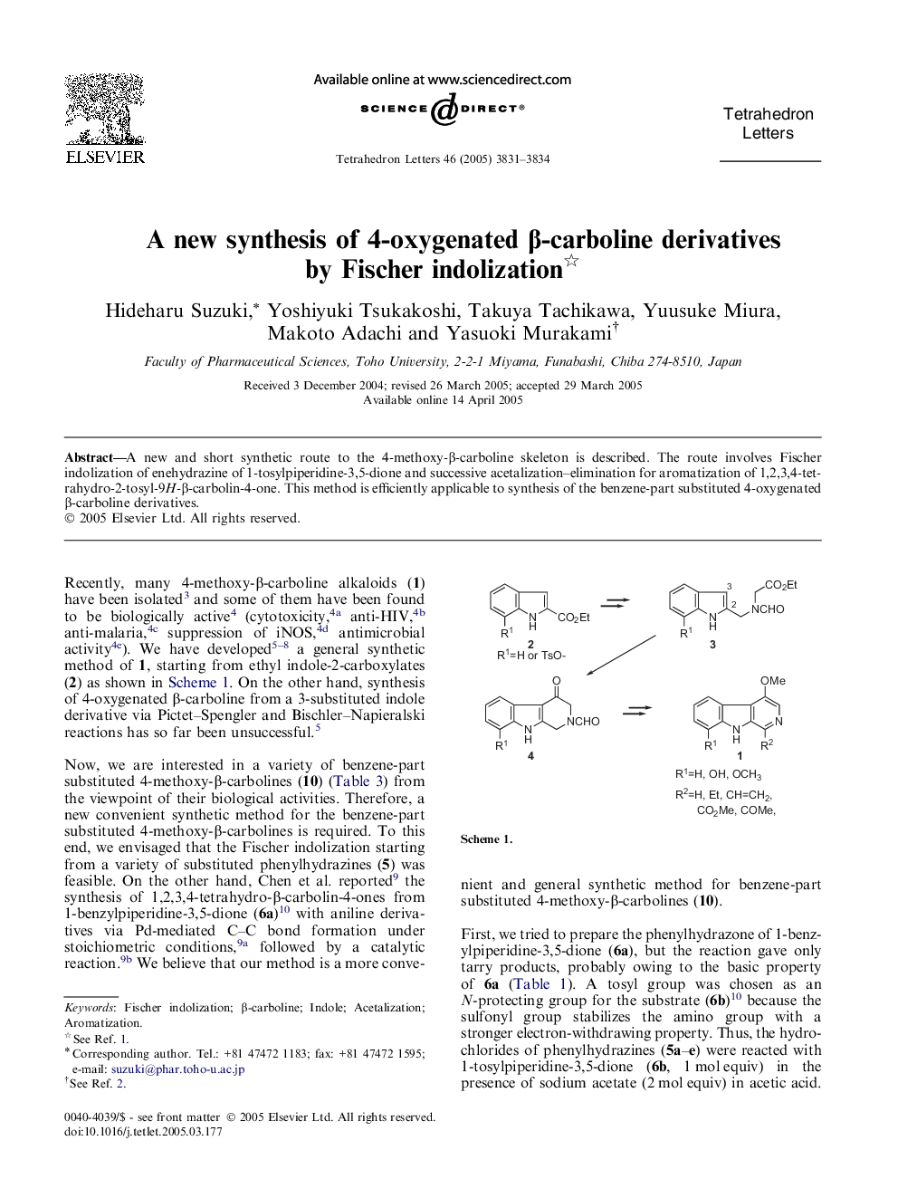 A new synthesis of 4-oxygenated Î²-carboline derivatives by Fischer indolization