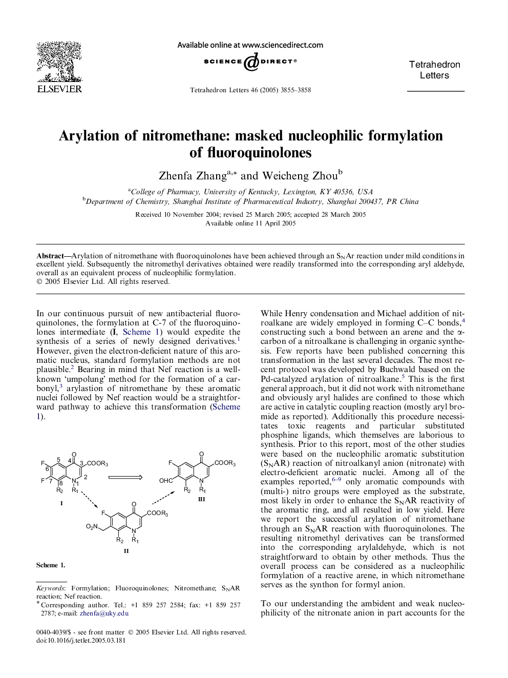 Arylation of nitromethane: masked nucleophilic formylation of fluoroquinolones