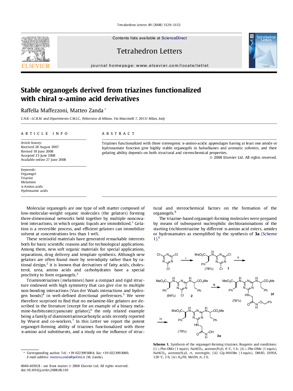 Stable organogels derived from triazines functionalized with chiral Î±-amino acid derivatives