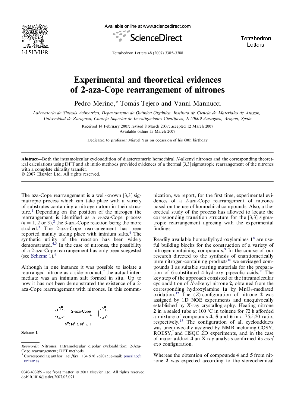 Experimental and theoretical evidences of 2-aza-Cope rearrangement of nitrones