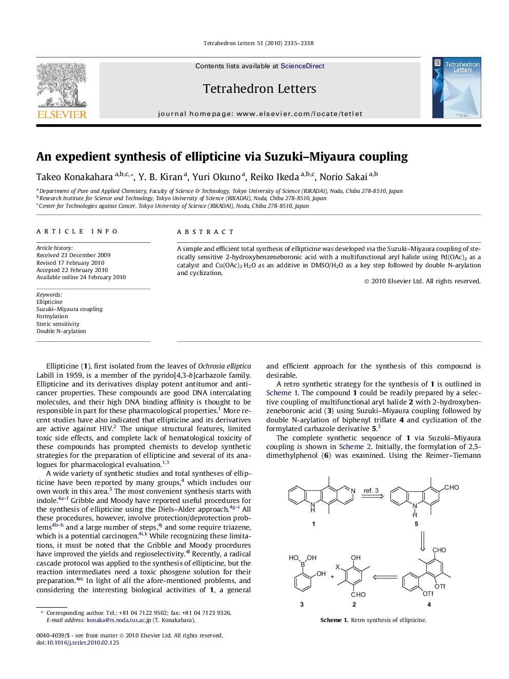 An expedient synthesis of ellipticine via Suzuki-Miyaura coupling