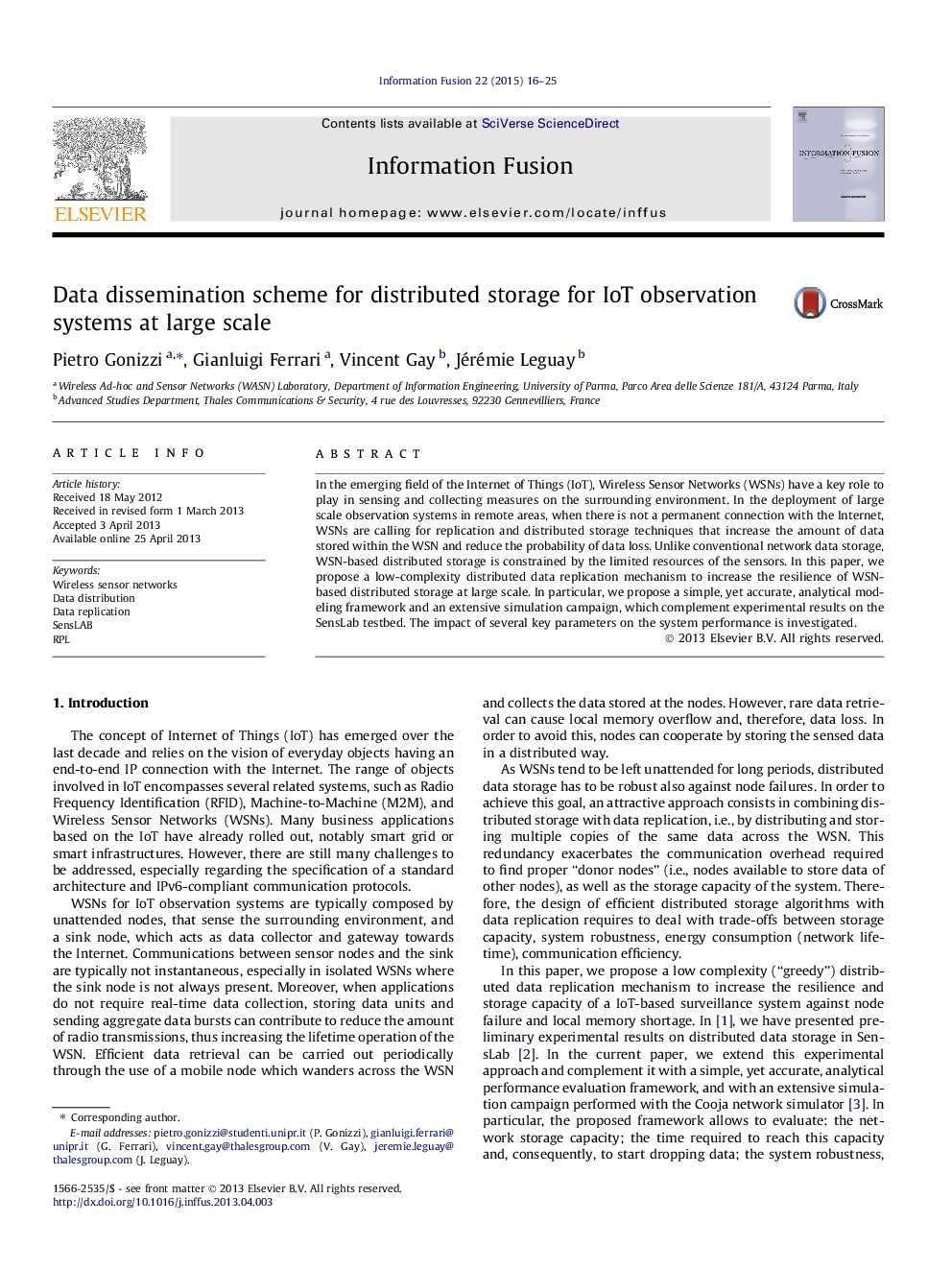 Data dissemination scheme for distributed storage for IoT observation systems at large scale