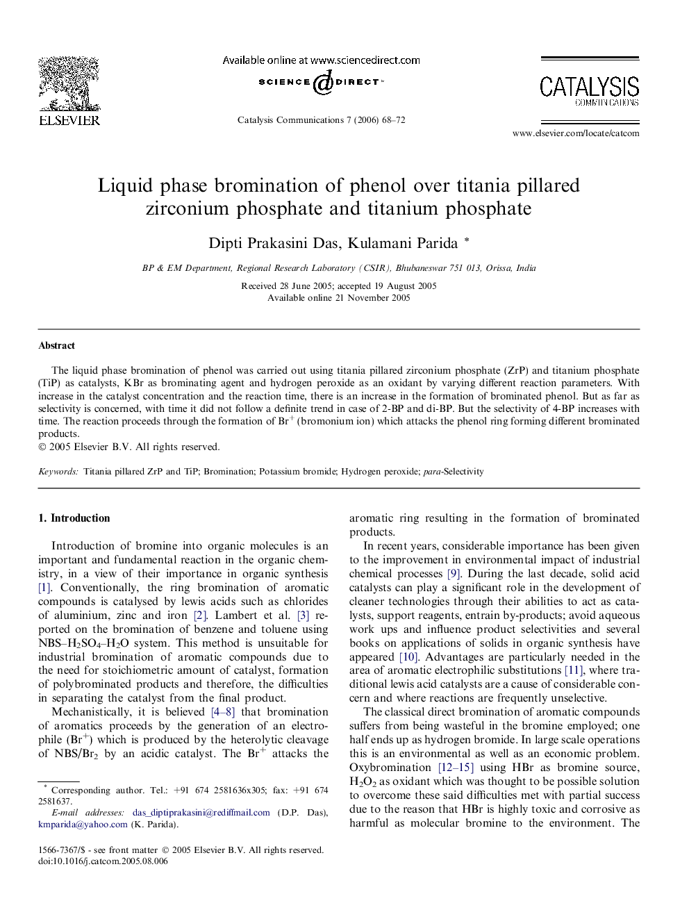 Liquid phase bromination of phenol over titania pillared zirconium phosphate and titanium phosphate