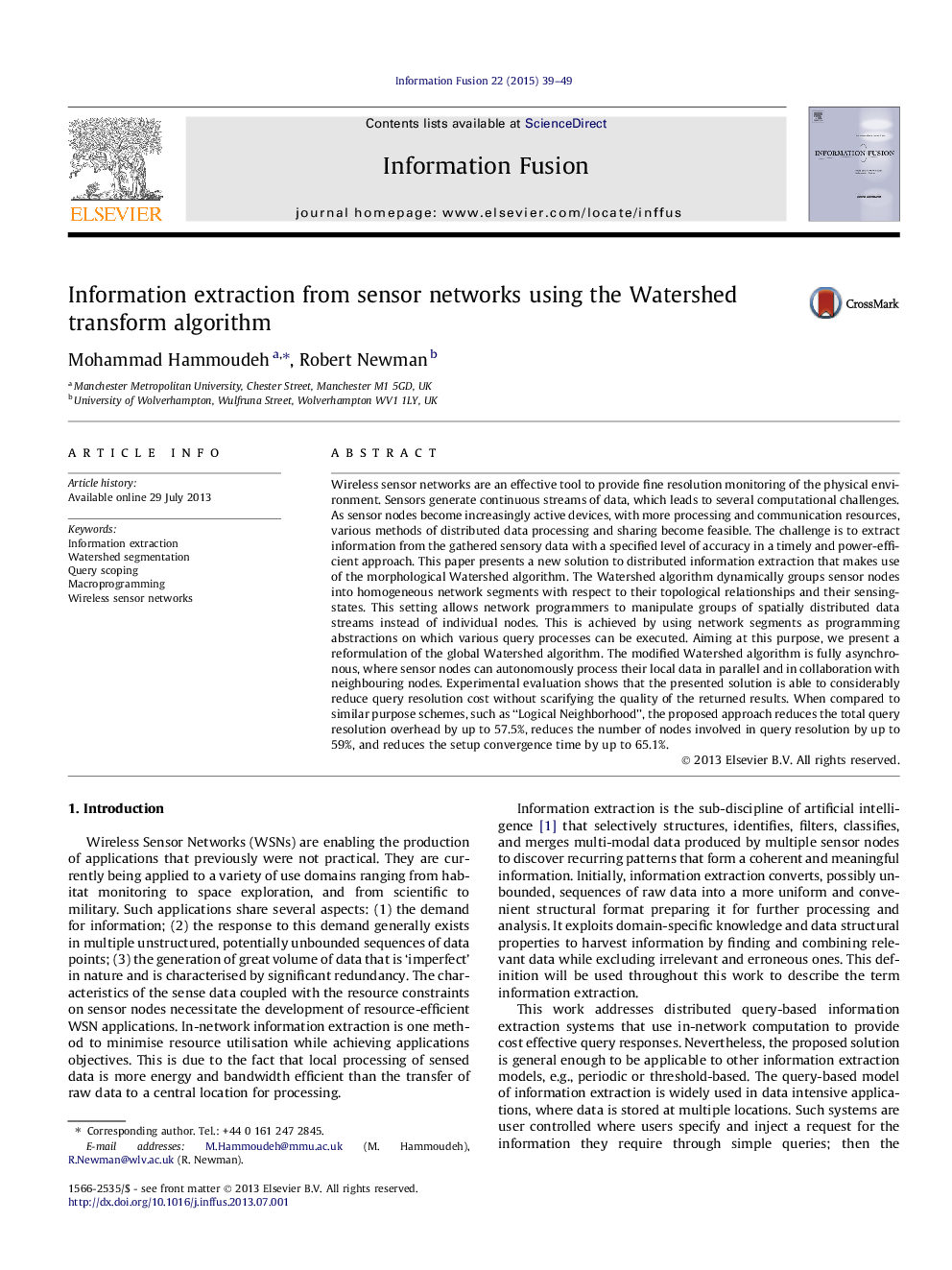 Information extraction from sensor networks using the Watershed transform algorithm