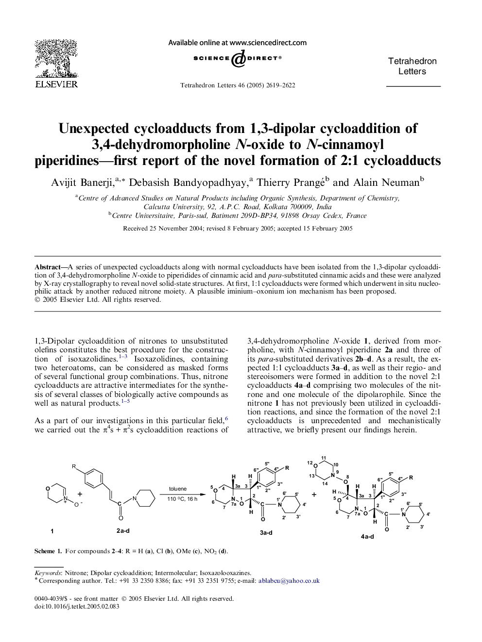 Unexpected cycloadducts from 1,3-dipolar cycloaddition of 3,4-dehydromorpholine N-oxide to N-cinnamoyl piperidines—first report of the novel formation of 2:1 cycloadducts