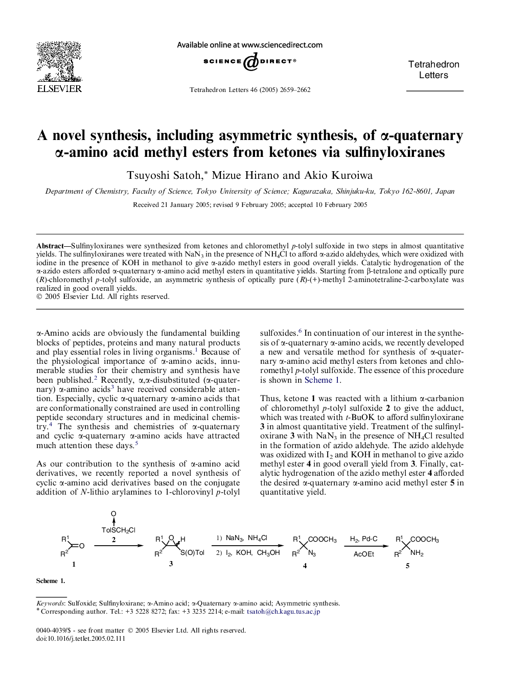 A novel synthesis, including asymmetric synthesis, of Î±-quaternary Î±-amino acid methyl esters from ketones via sulfinyloxiranes