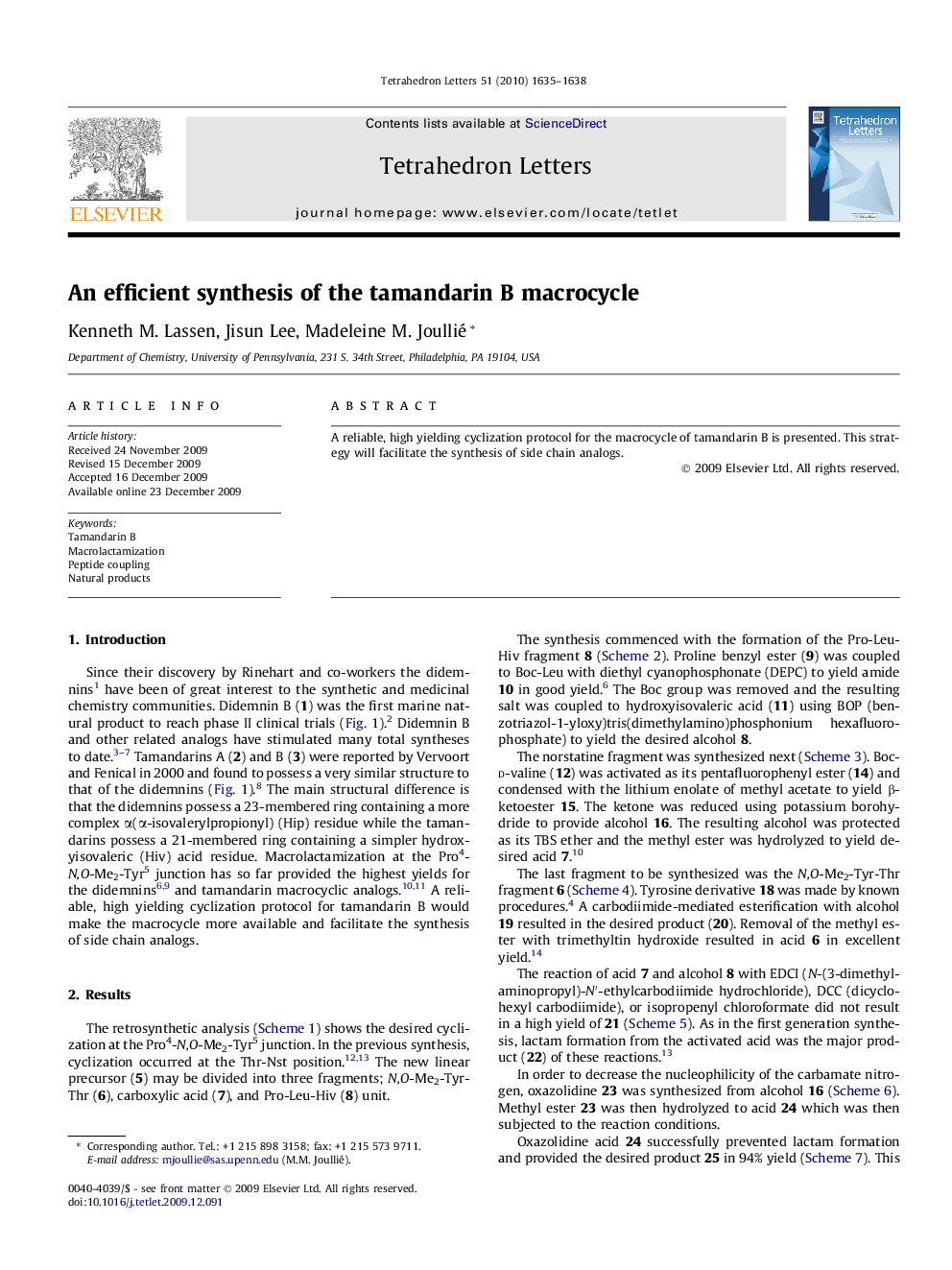 An efficient synthesis of the tamandarin B macrocycle