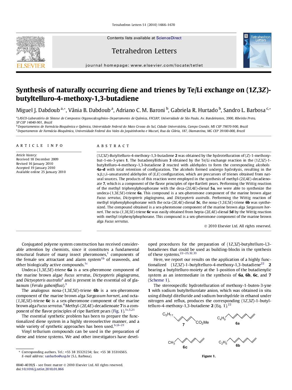 Synthesis of naturally occurring diene and trienes by Te/Li exchange on (1Z,3Z)-butyltelluro-4-methoxy-1,3-butadiene