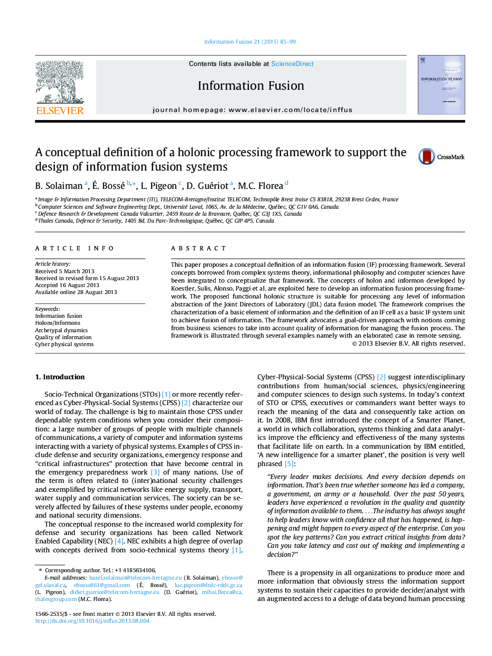 A conceptual definition of a holonic processing framework to support the design of information fusion systems