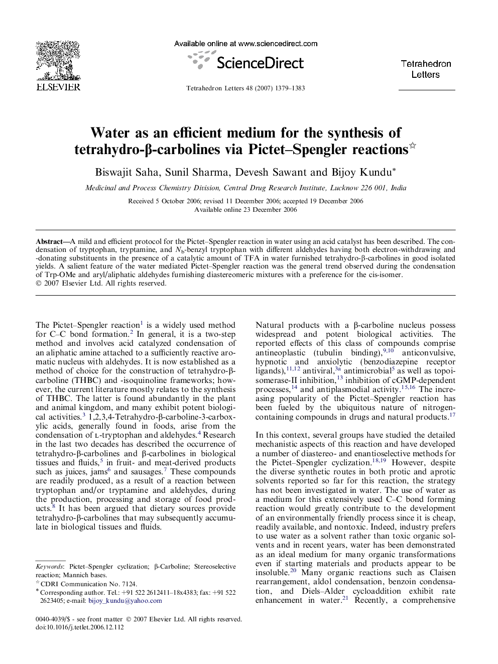 Water as an efficient medium for the synthesis of tetrahydro-Î²-carbolines via Pictet-Spengler reactions