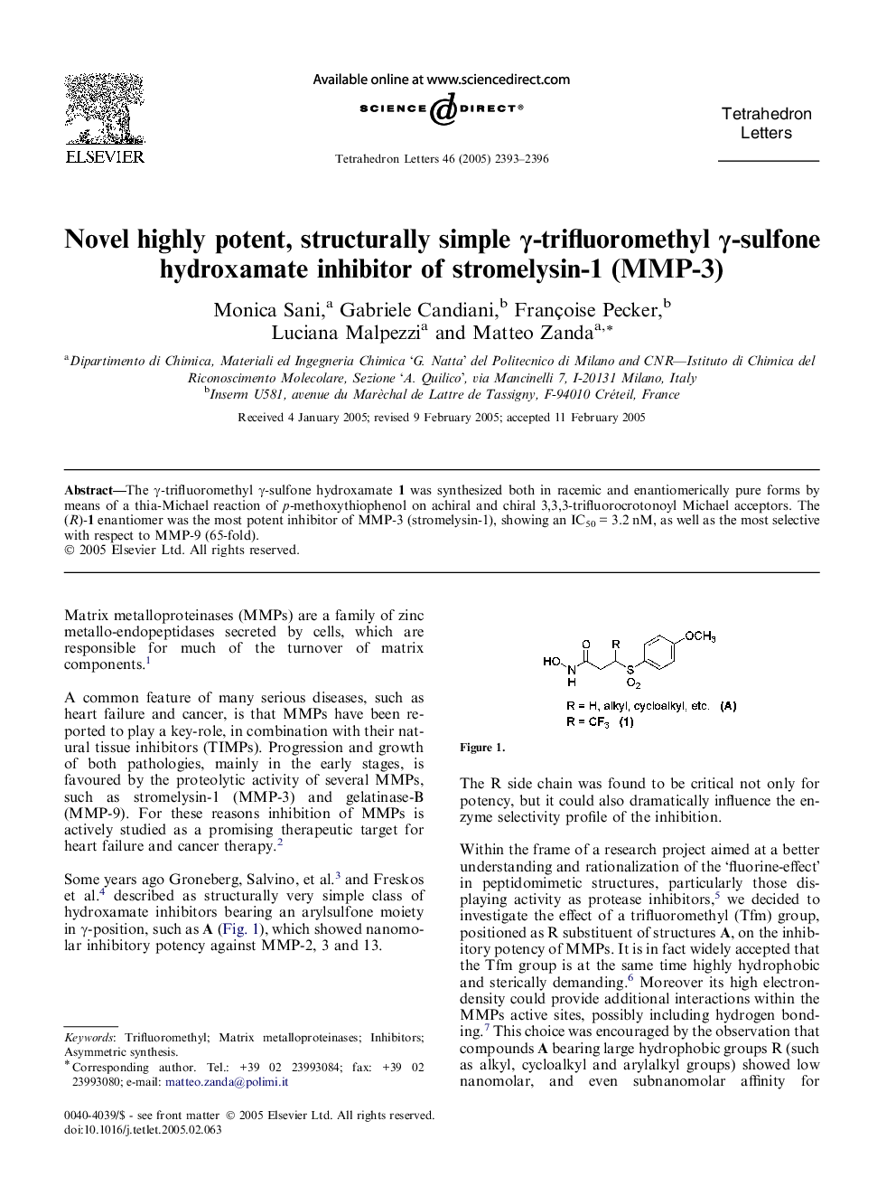 Novel highly potent, structurally simple Î³-trifluoromethyl Î³-sulfone hydroxamate inhibitor of stromelysin-1 (MMP-3)