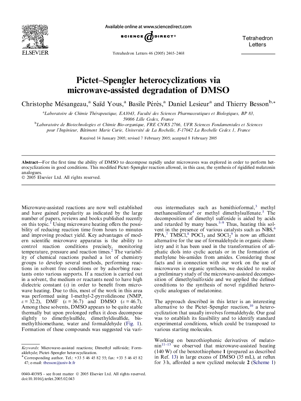 Pictet-Spengler heterocyclizations via microwave-assisted degradation of DMSO