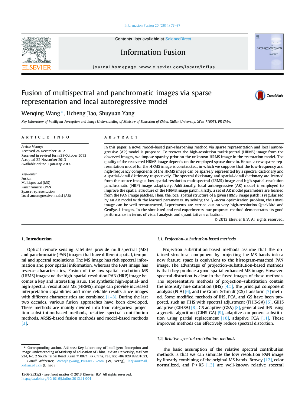 Fusion of multispectral and panchromatic images via sparse representation and local autoregressive model