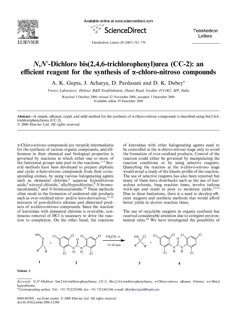 N,Nâ²-Dichloro bis(2,4,6-trichlorophenyl)urea (CC-2): an efficient reagent for the synthesis of Î±-chloro-nitroso compounds