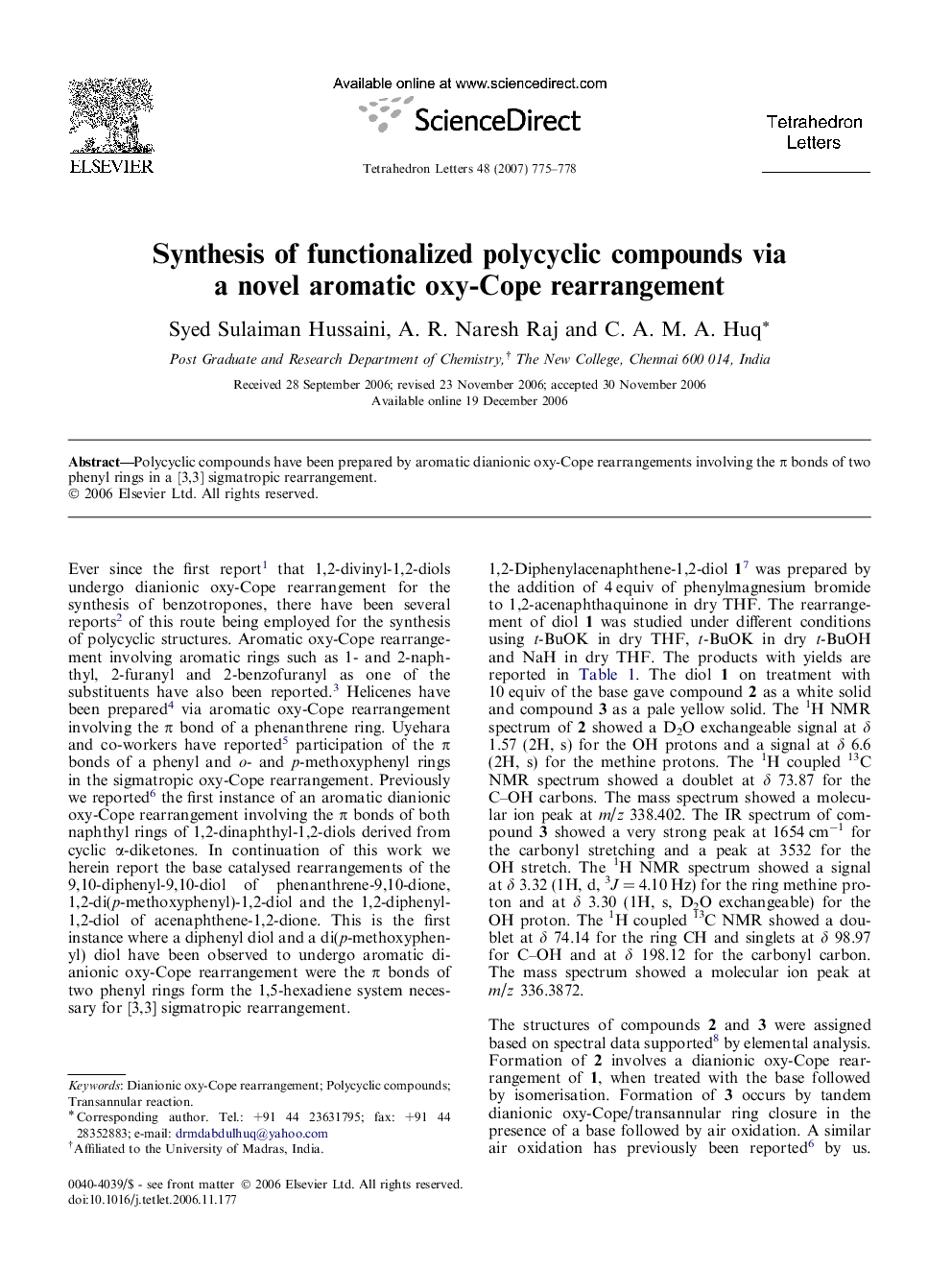 Synthesis of functionalized polycyclic compounds via a novel aromatic oxy-Cope rearrangement