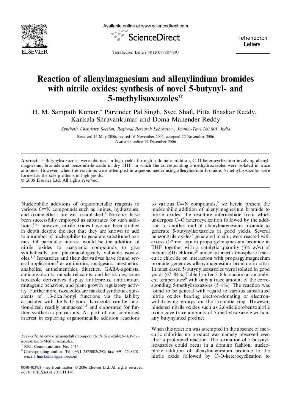 Reaction of allenylmagnesium and allenylindium bromides with nitrile oxides: synthesis of novel 5-butynyl- and 5-methylisoxazoles