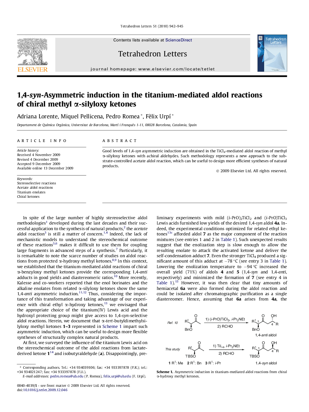 1,4-syn-Asymmetric induction in the titanium-mediated aldol reactions of chiral methyl Î±-silyloxy ketones