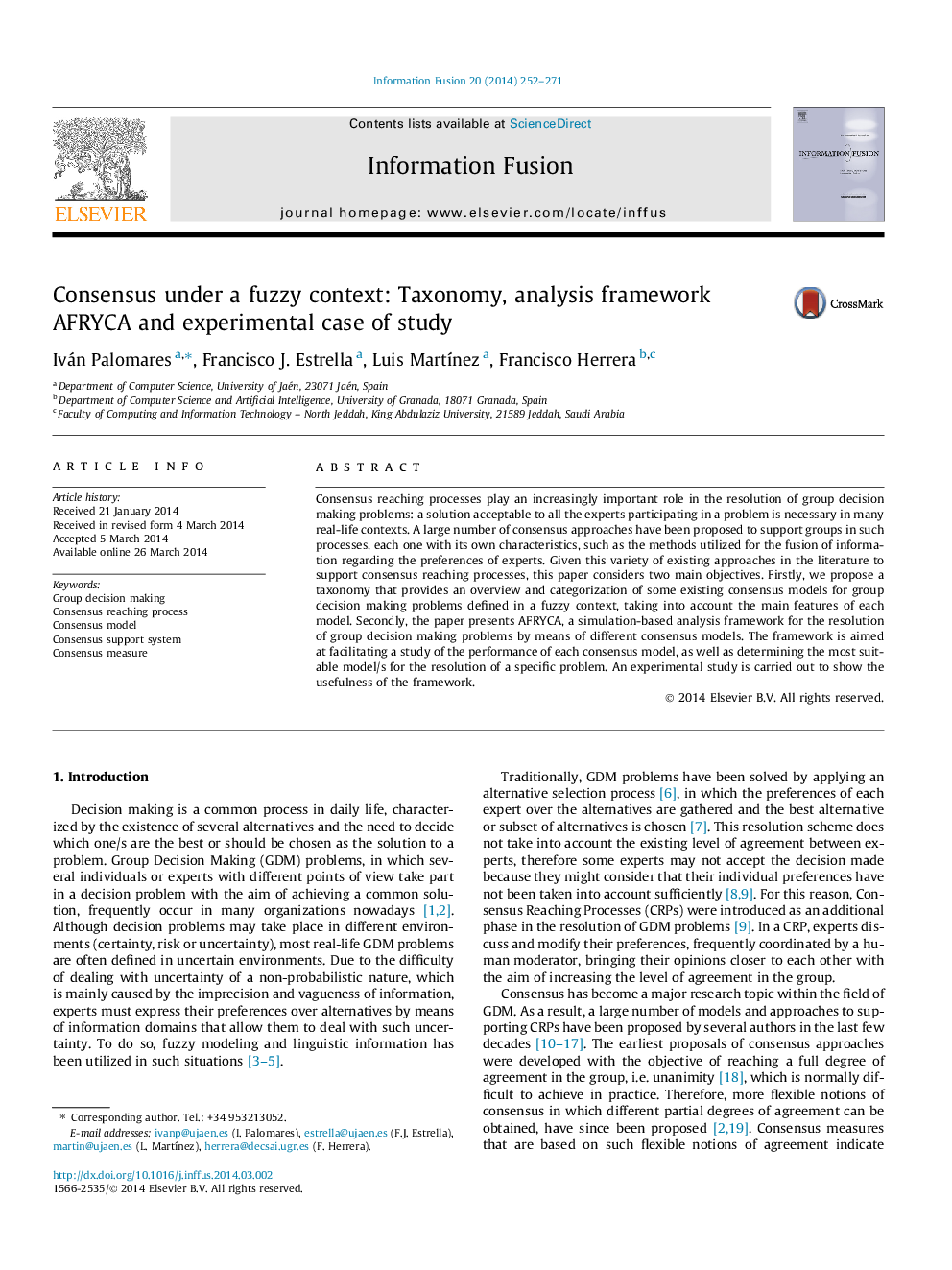 Consensus under a fuzzy context: Taxonomy, analysis framework AFRYCA and experimental case of study