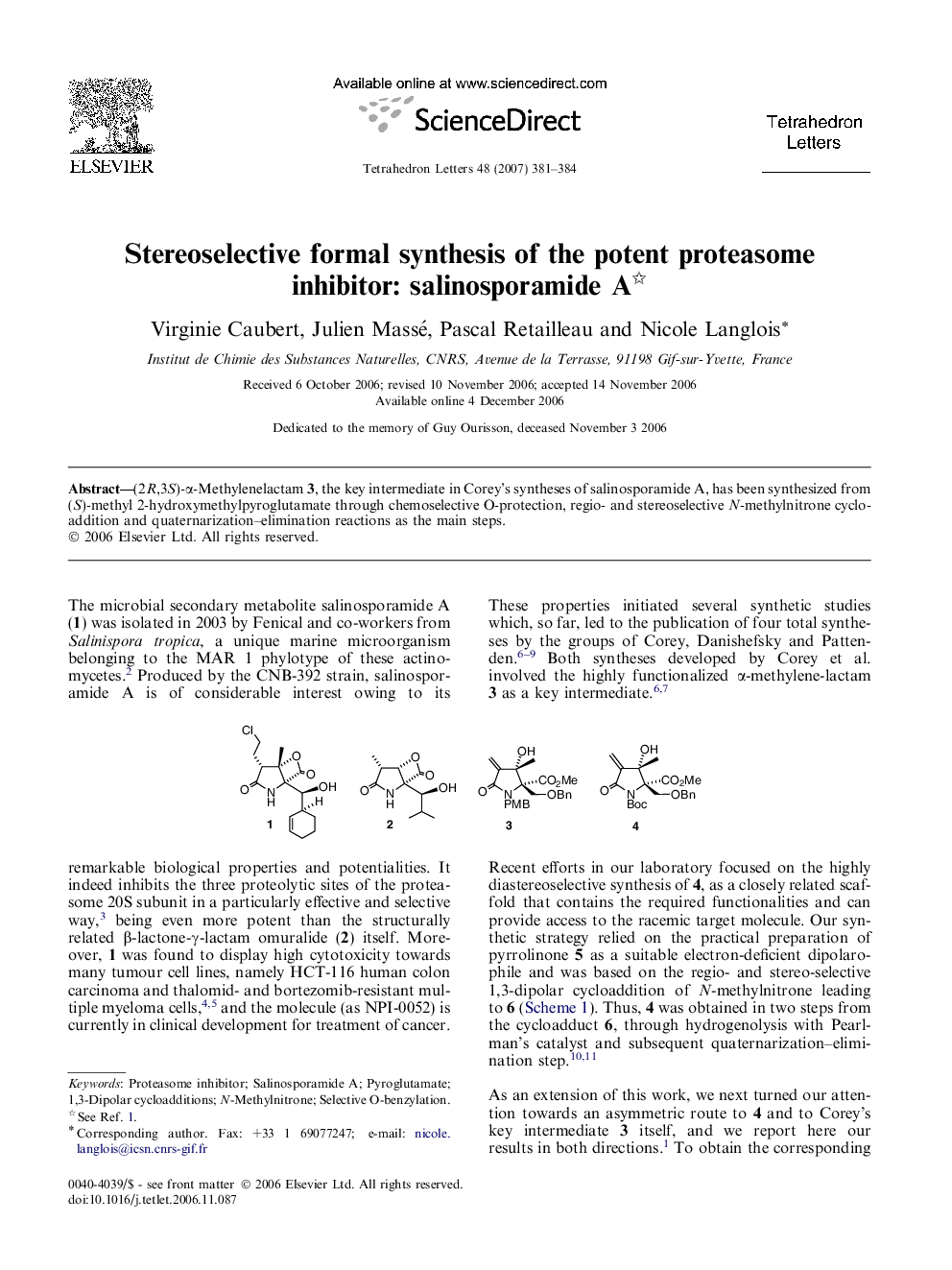 Stereoselective formal synthesis of the potent proteasome inhibitor: salinosporamide A