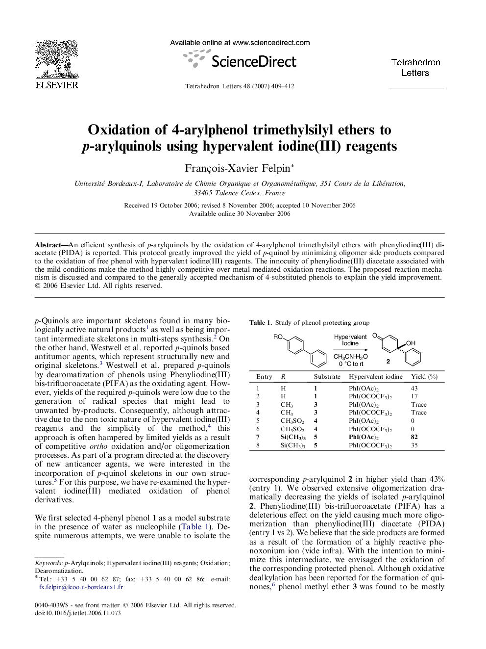 Oxidation of 4-arylphenol trimethylsilyl ethers to p-arylquinols using hypervalent iodine(III) reagents