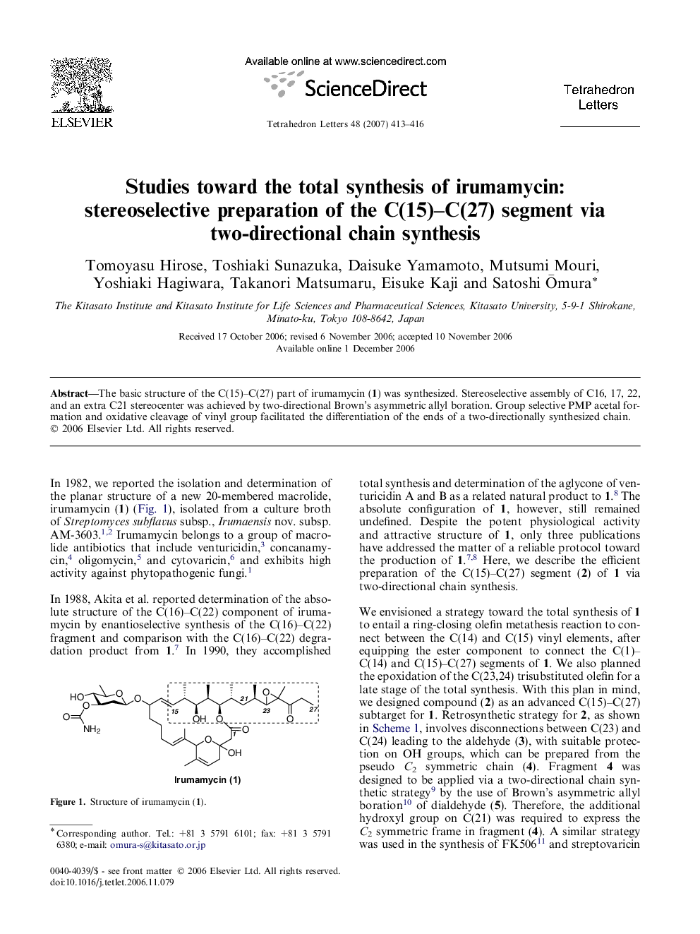Studies toward the total synthesis of irumamycin: stereoselective preparation of the C(15)-C(27) segment via two-directional chain synthesis
