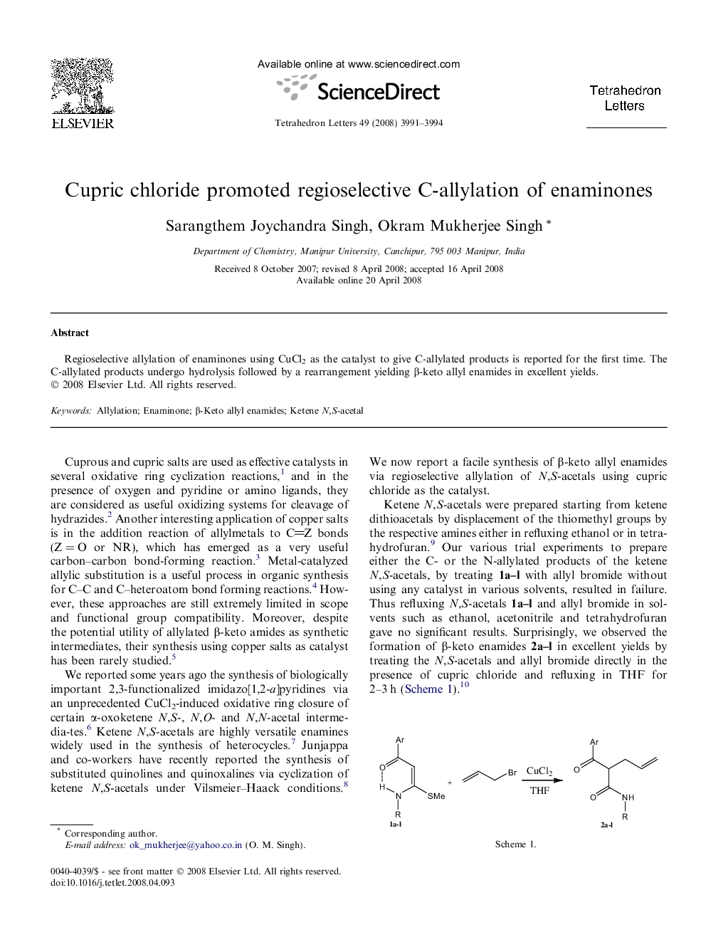 Cupric chloride promoted regioselective C-allylation of enaminones