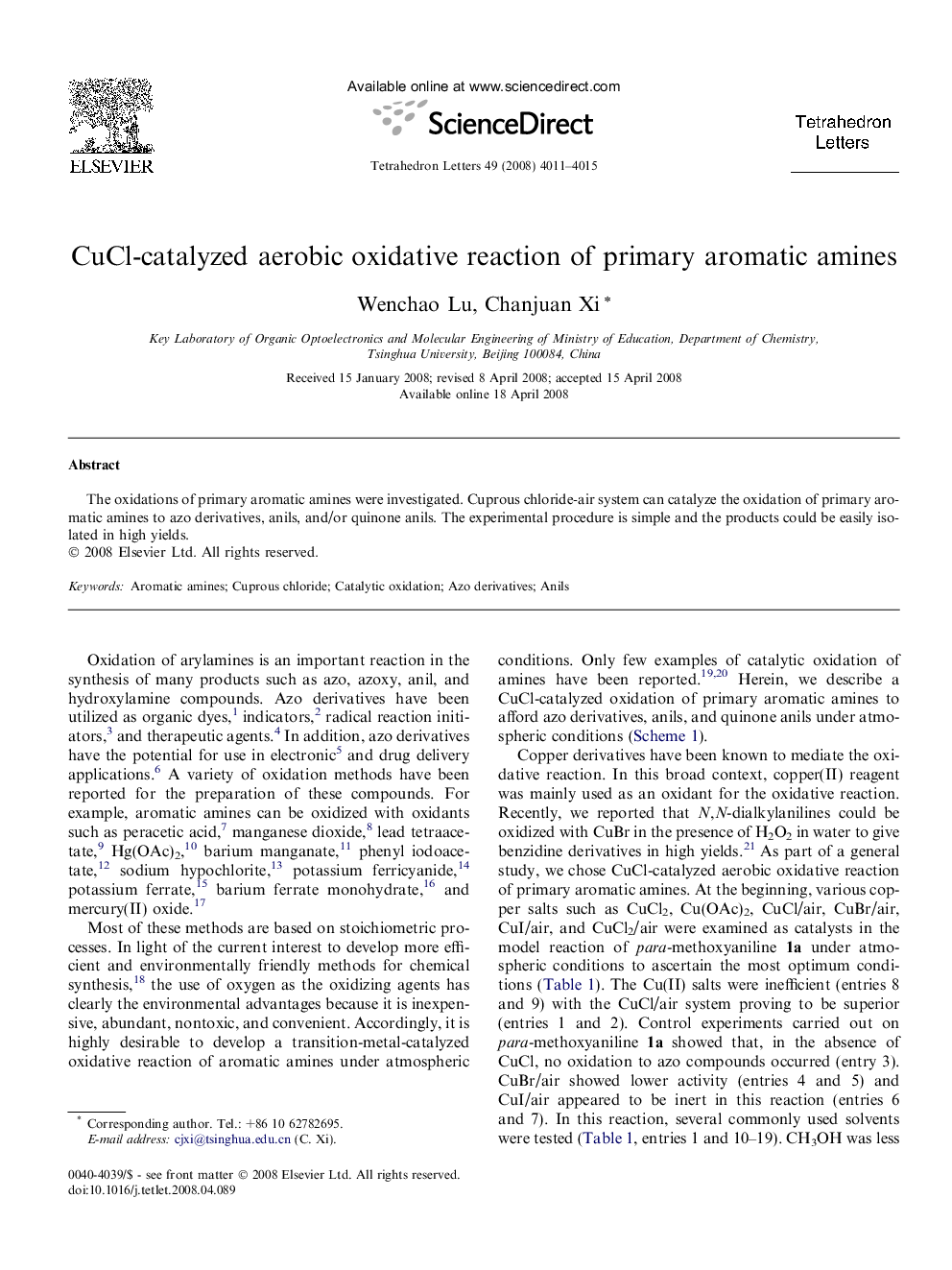 CuCl-catalyzed aerobic oxidative reaction of primary aromatic amines