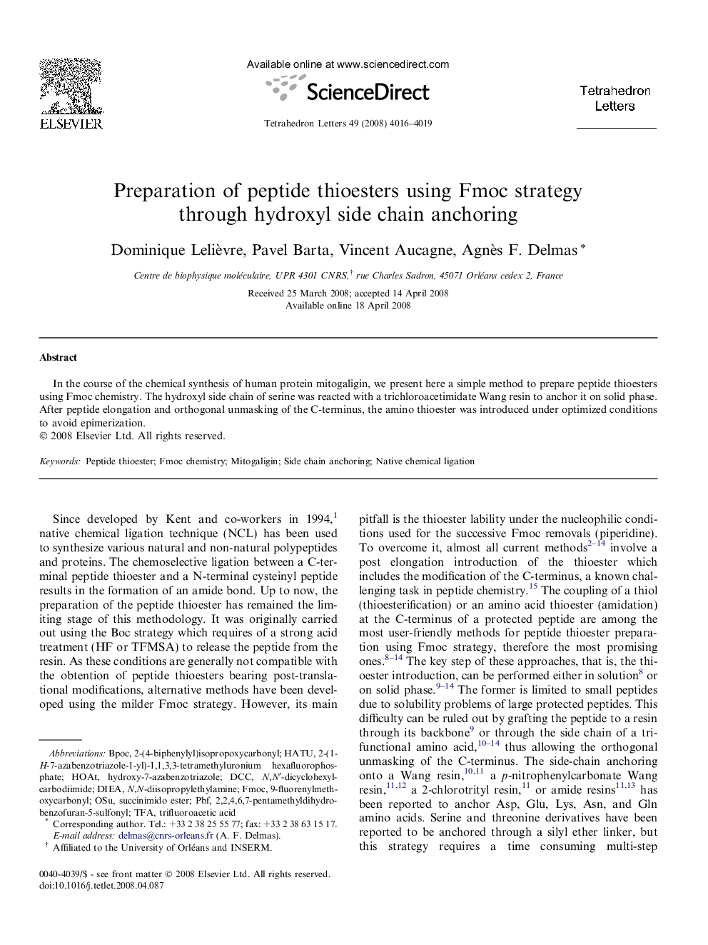 Preparation of peptide thioesters using Fmoc strategy through hydroxyl side chain anchoring