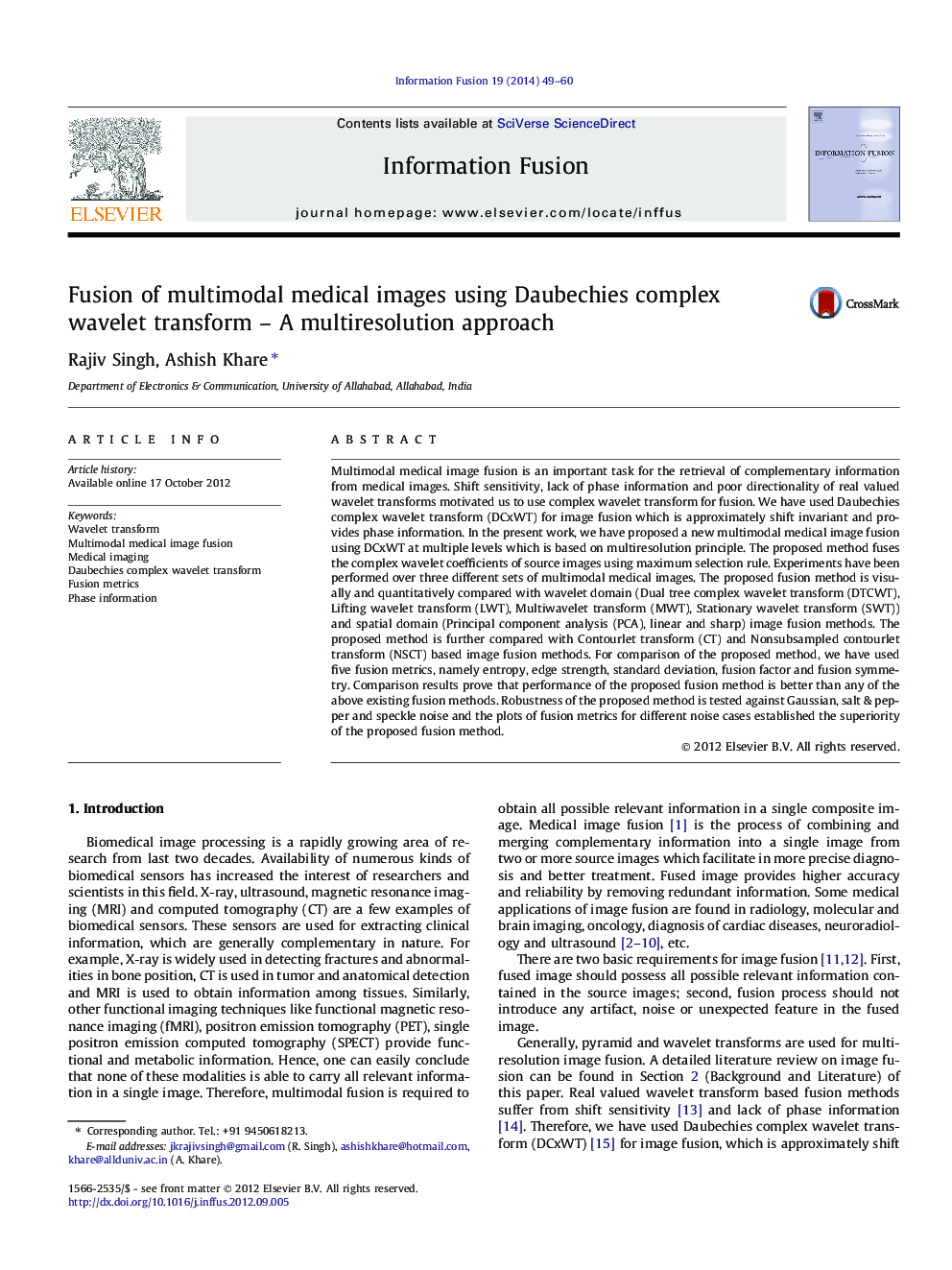 Fusion of multimodal medical images using Daubechies complex wavelet transform – A multiresolution approach