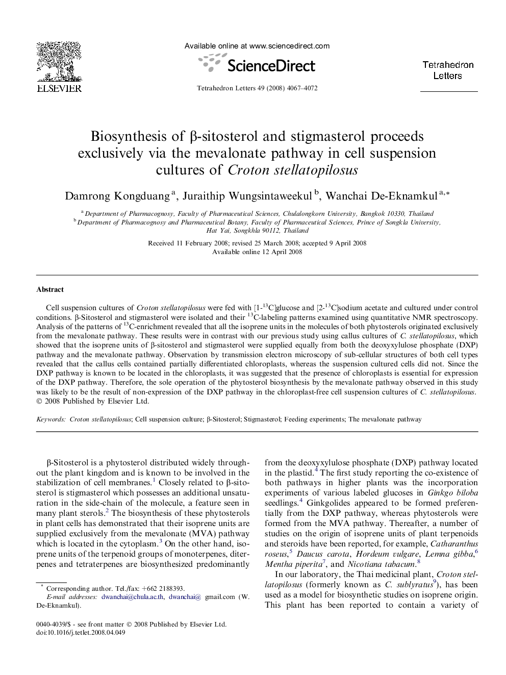 Biosynthesis of Î²-sitosterol and stigmasterol proceeds exclusively via the mevalonate pathway in cell suspension cultures of Croton stellatopilosus