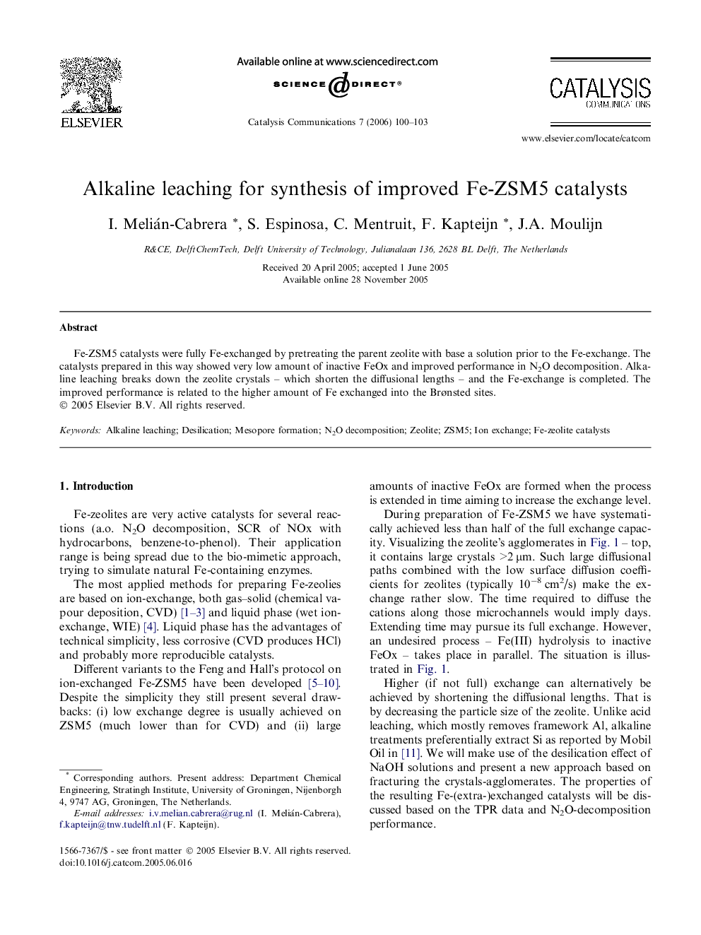 Alkaline leaching for synthesis of improved Fe-ZSM5 catalysts