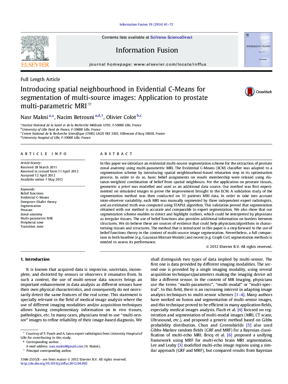 Introducing spatial neighbourhood in Evidential C-Means for segmentation of multi-source images: Application to prostate multi-parametric MRI 