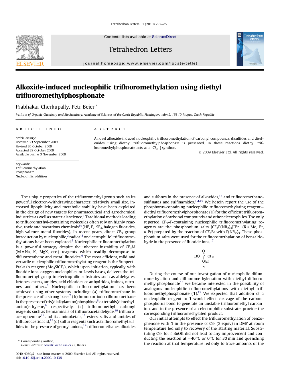 Alkoxide-induced nucleophilic trifluoromethylation using diethyl trifluoromethylphosphonate