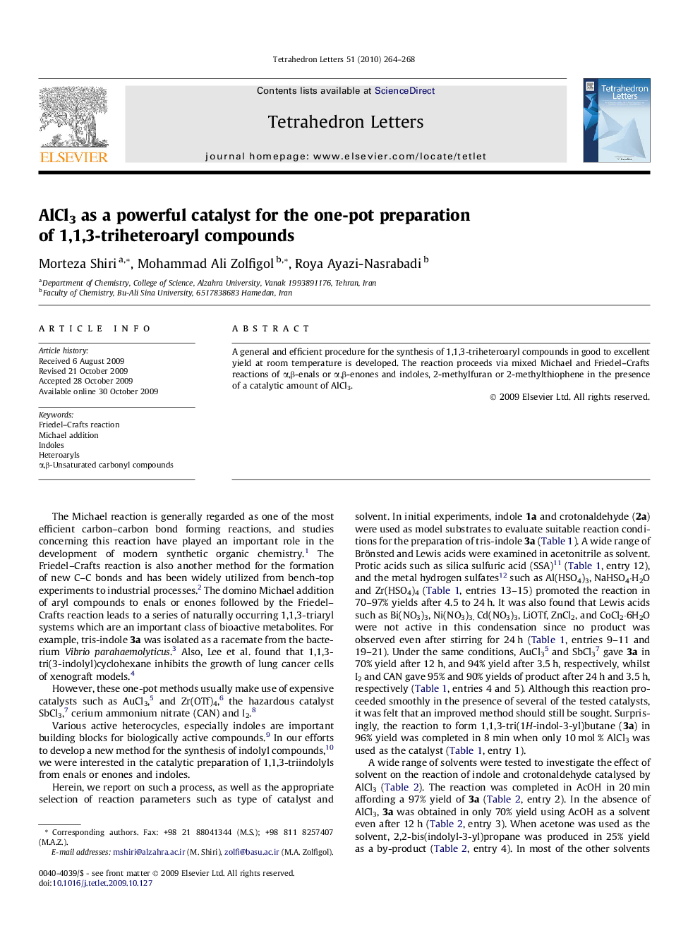 AlCl3 as a powerful catalyst for the one-pot preparation of 1,1,3-triheteroaryl compounds