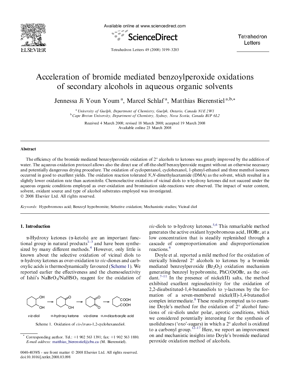 Acceleration of bromide mediated benzoylperoxide oxidations of secondary alcohols in aqueous organic solvents