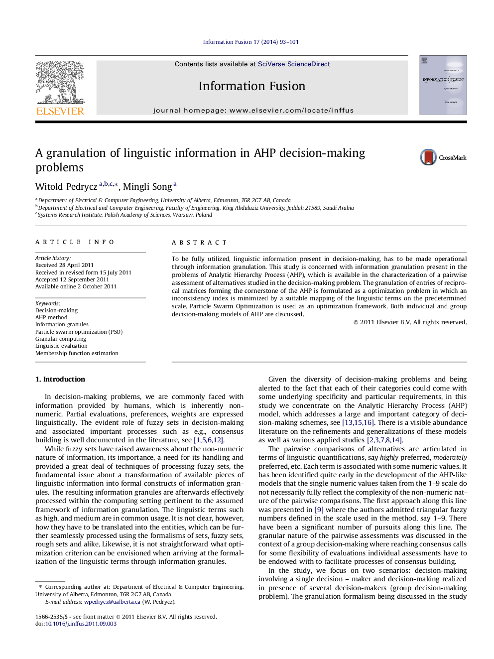 A granulation of linguistic information in AHP decision-making problems