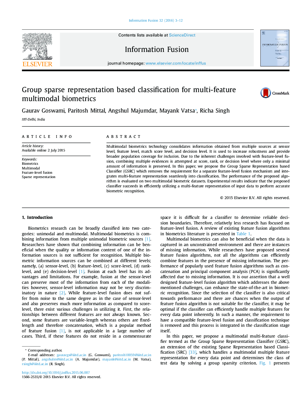 Group sparse representation based classification for multi-feature multimodal biometrics