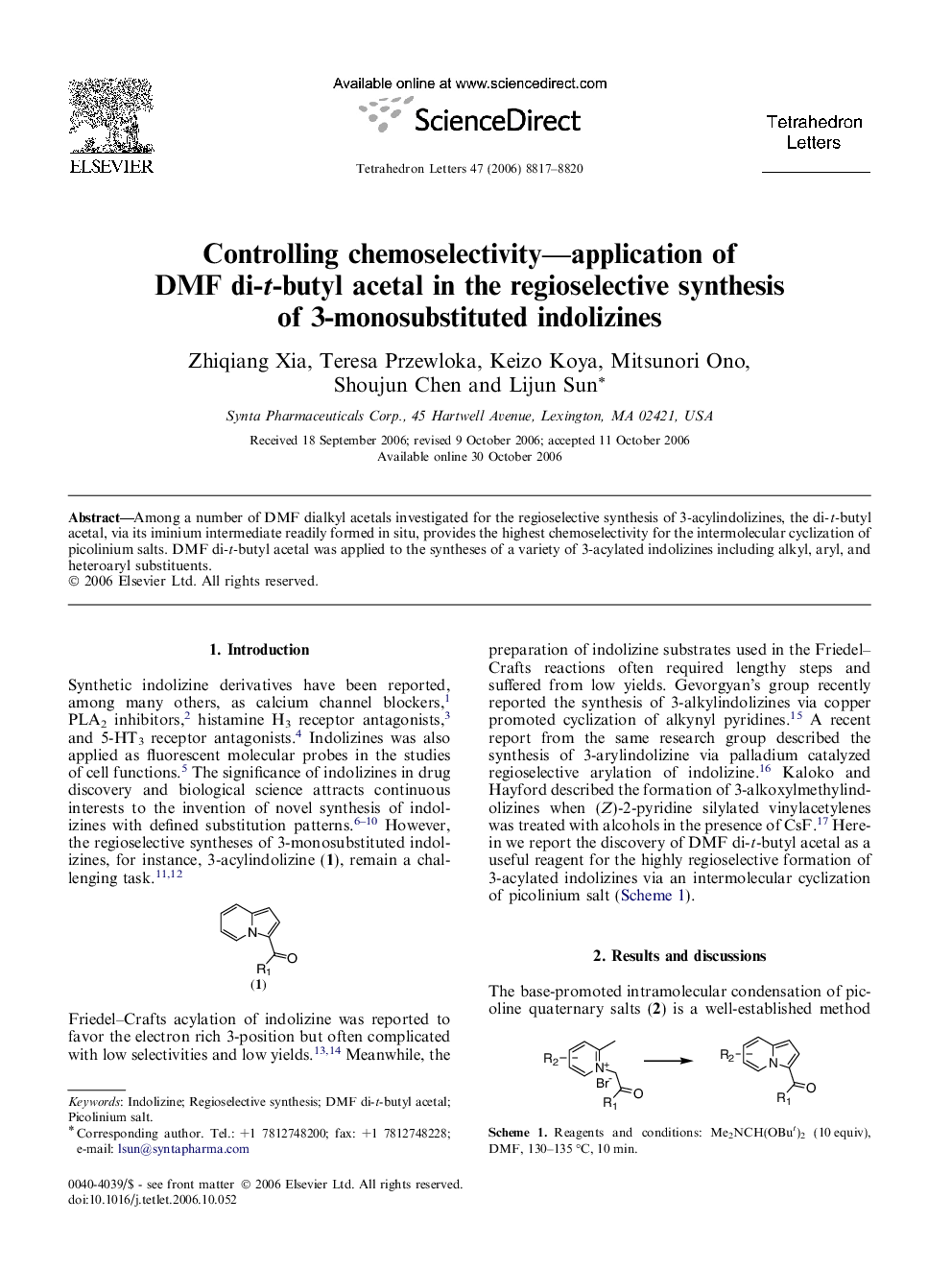 Controlling chemoselectivity-application of DMF di-t-butyl acetal in the regioselective synthesis of 3-monosubstituted indolizines