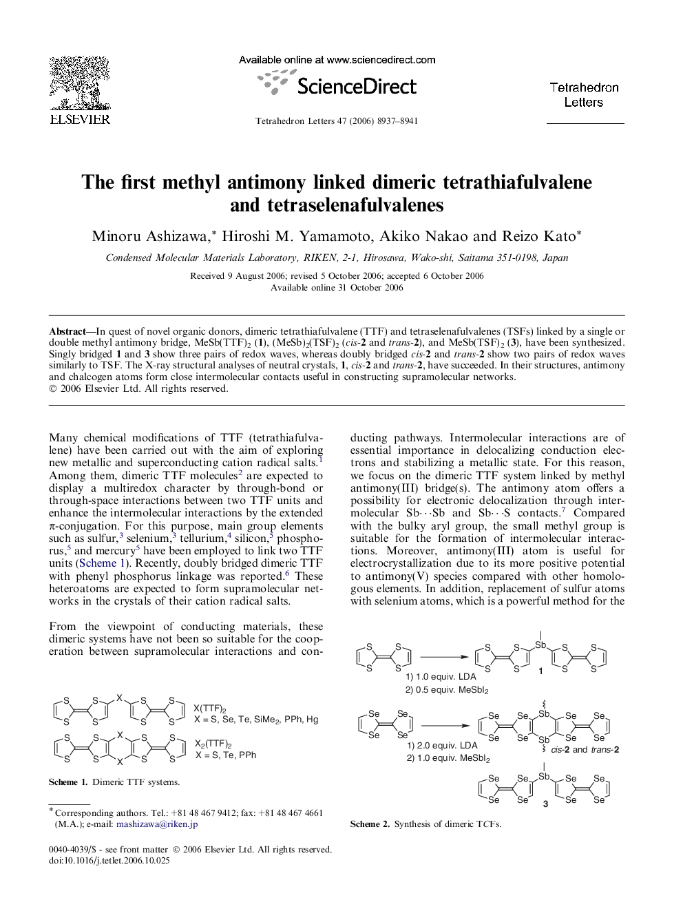 The first methyl antimony linked dimeric tetrathiafulvalene and tetraselenafulvalenes