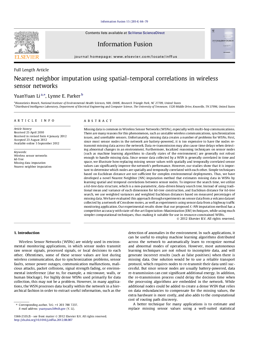 Nearest neighbor imputation using spatial–temporal correlations in wireless sensor networks