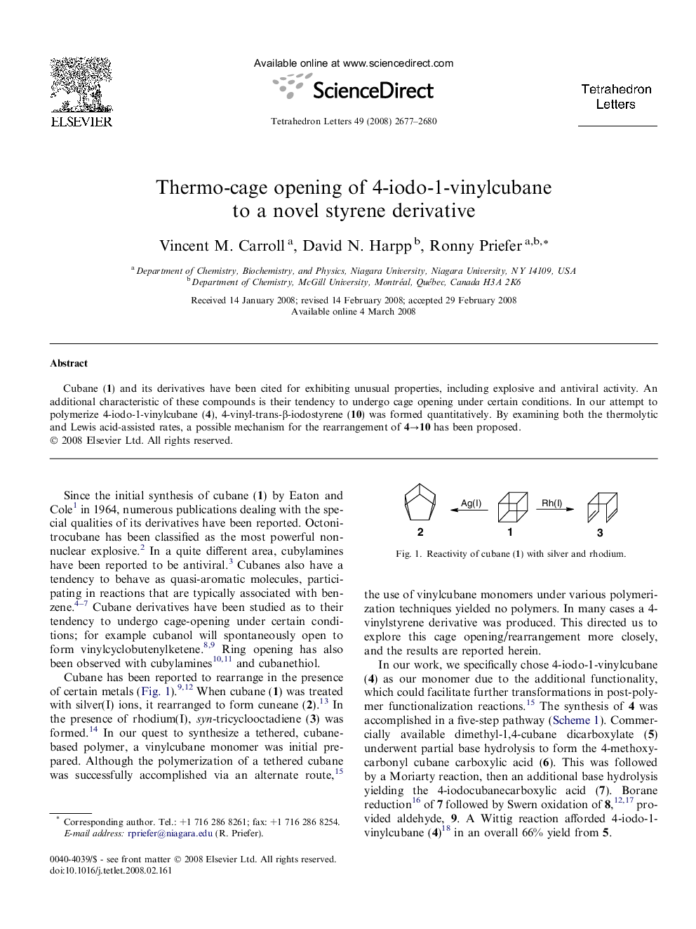 عکس صفحه اول مقاله: Thermo-cage opening of 4-iodo-1-vinylcubane to a novel styrene derivative Thermo-cage opening of 4-iodo-1-vinylcubane to a novel styrene derivative