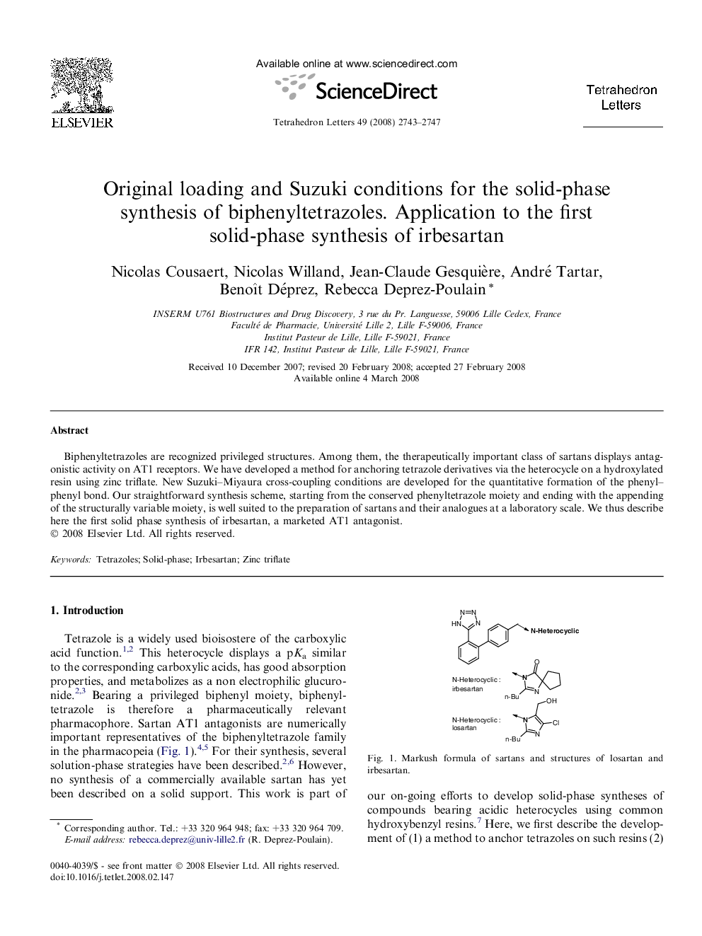 Original loading and Suzuki conditions for the solid-phase synthesis of biphenyltetrazoles. Application to the first solid-phase synthesis of irbesartan