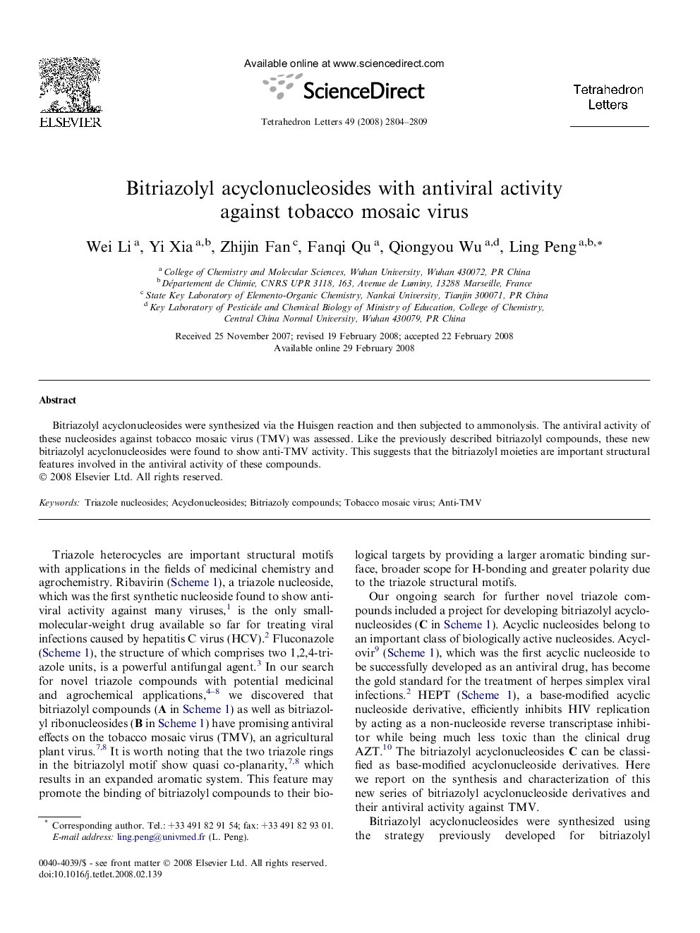 Bitriazolyl acyclonucleosides with antiviral activity against tobacco mosaic virus