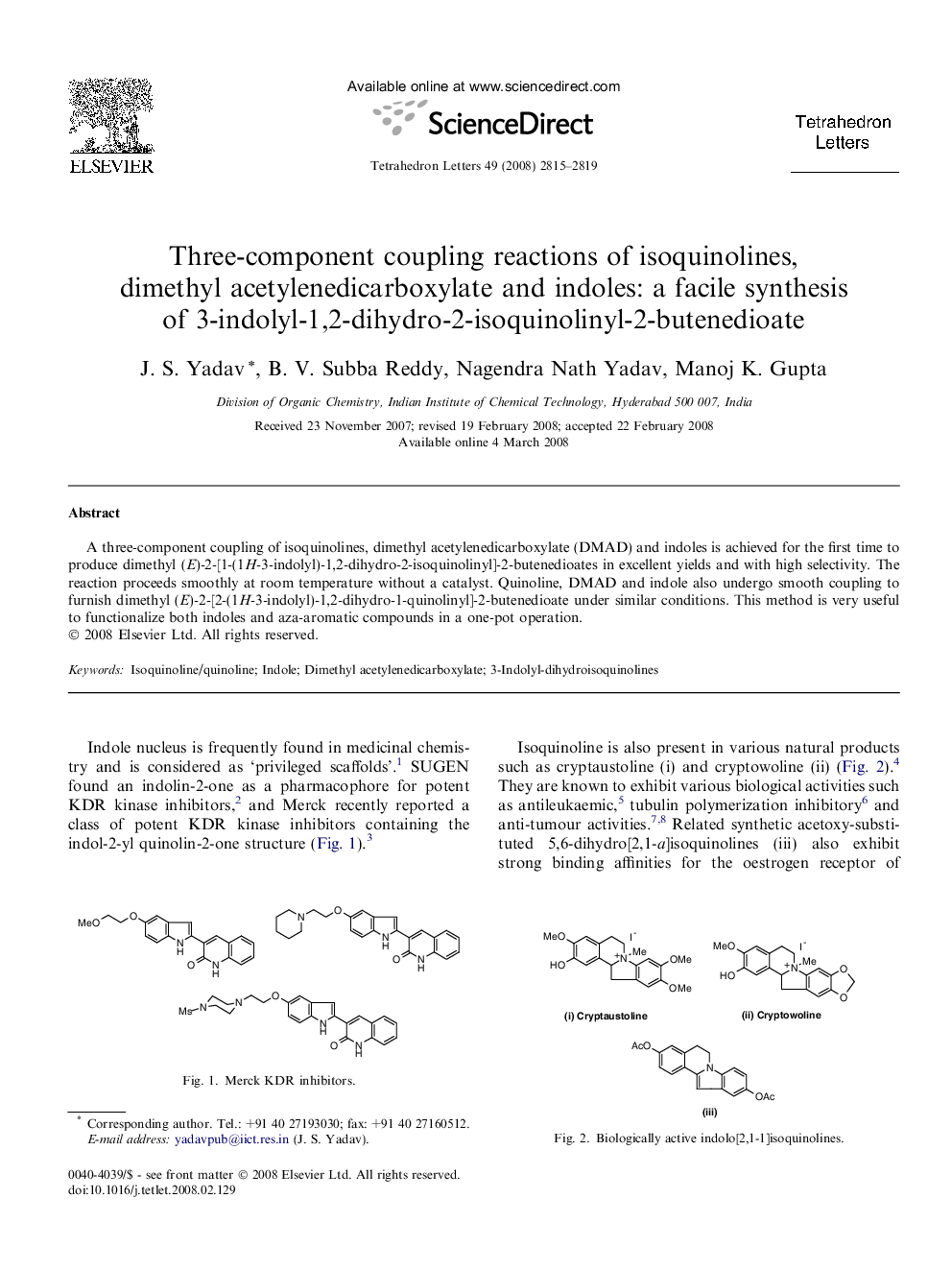 Three-component coupling reactions of isoquinolines, dimethyl acetylenedicarboxylate and indoles: a facile synthesis of 3-indolyl-1,2-dihydro-2-isoquinolinyl-2-butenedioate