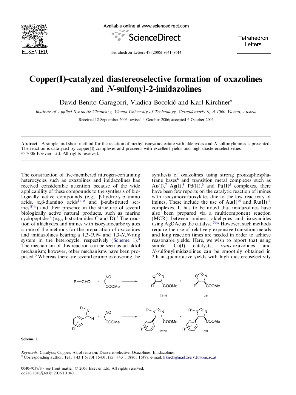 Copper(I)-catalyzed diastereoselective formation of oxazolines and N-sulfonyl-2-imidazolines