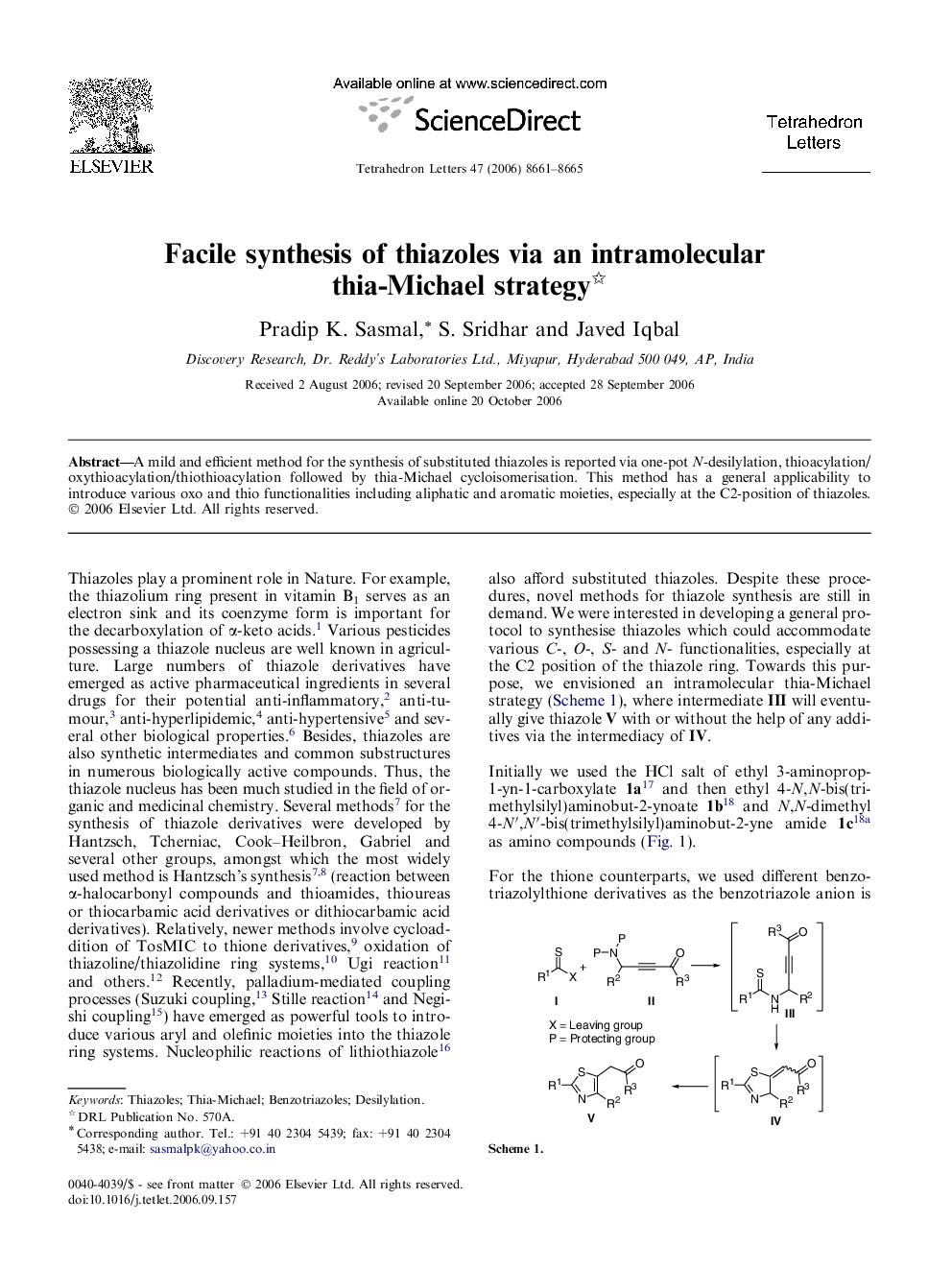 Facile synthesis of thiazoles via an intramolecular thia-Michael strategy