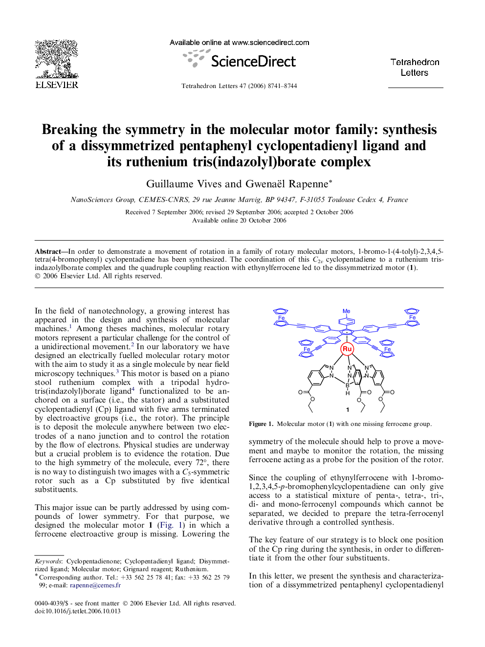 Breaking the symmetry in the molecular motor family: synthesis of a dissymmetrized pentaphenyl cyclopentadienyl ligand and its ruthenium tris(indazolyl)borate complex